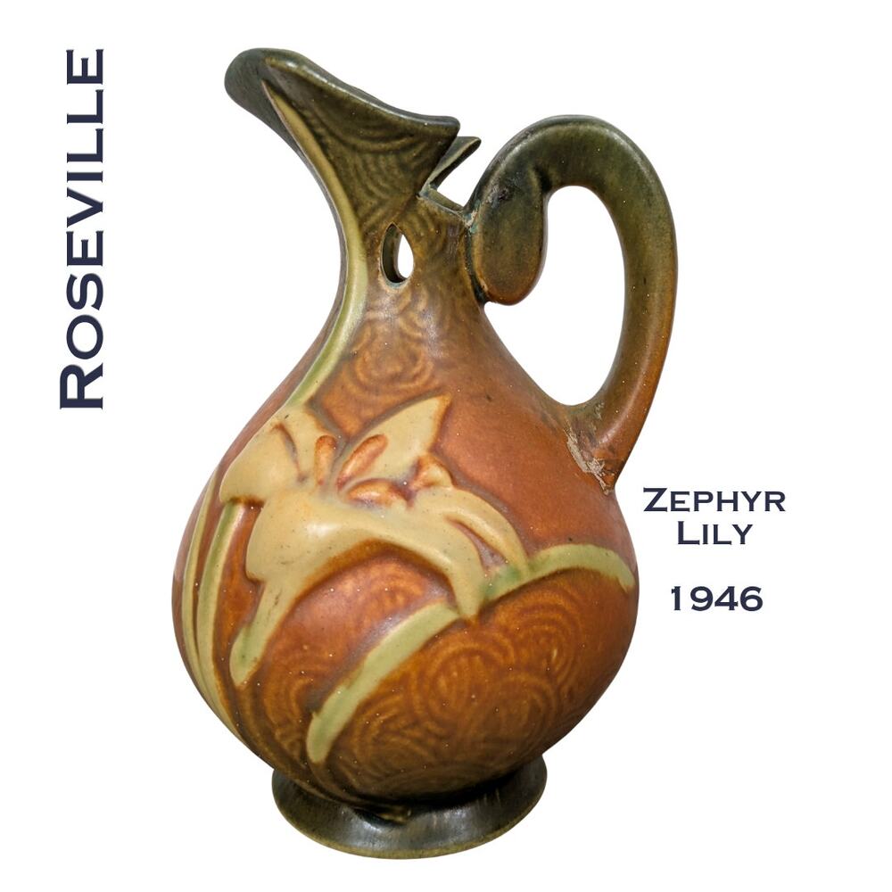 Roseville Pottery Zephyr Lily Ewer 1946 Terra Cotta Brown Floral Vintage